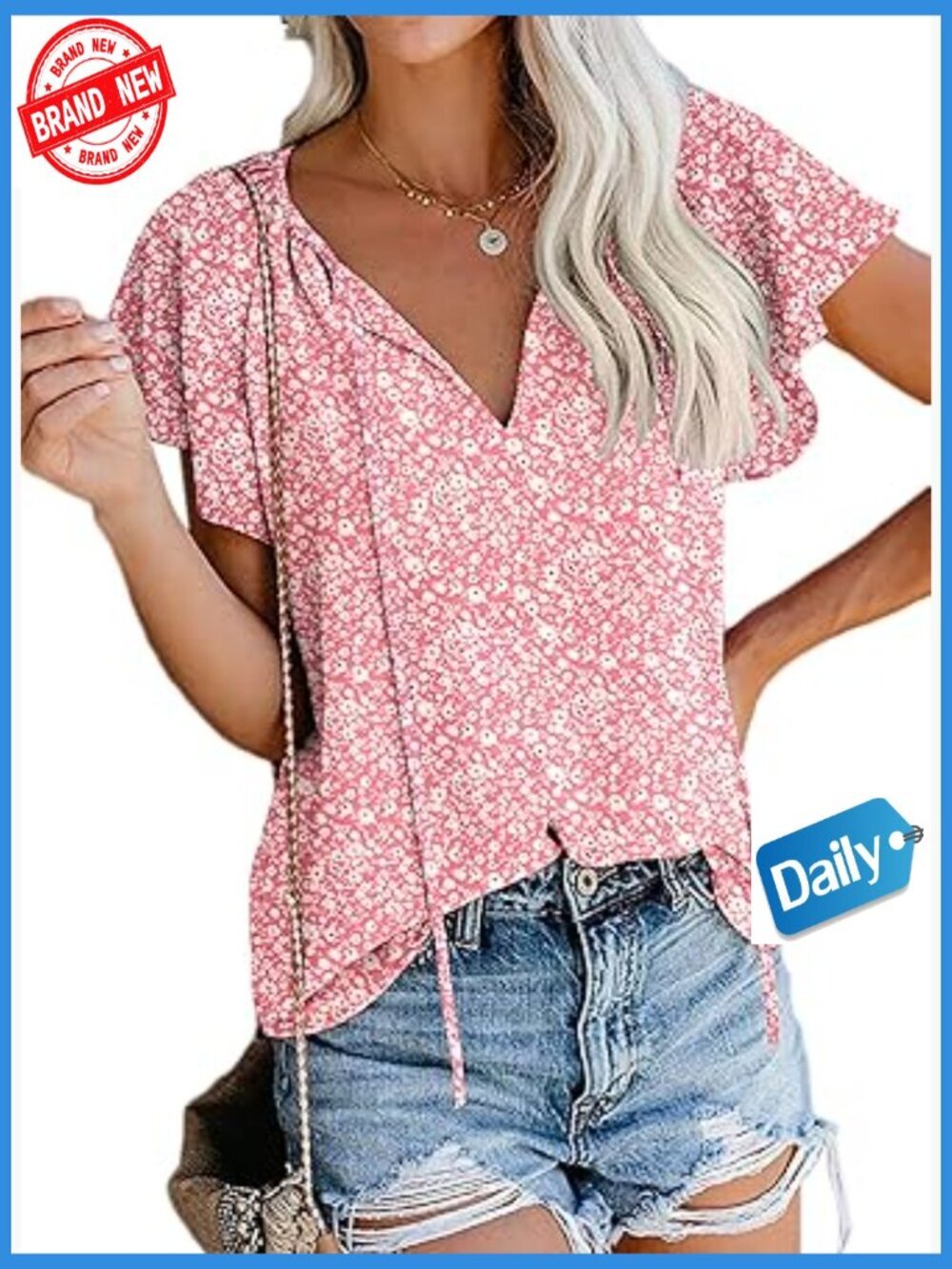 Boho Floral V-Neck Short Sleeve Blouse, Lightweight Polyester Summer Top - Picture 1 of 7